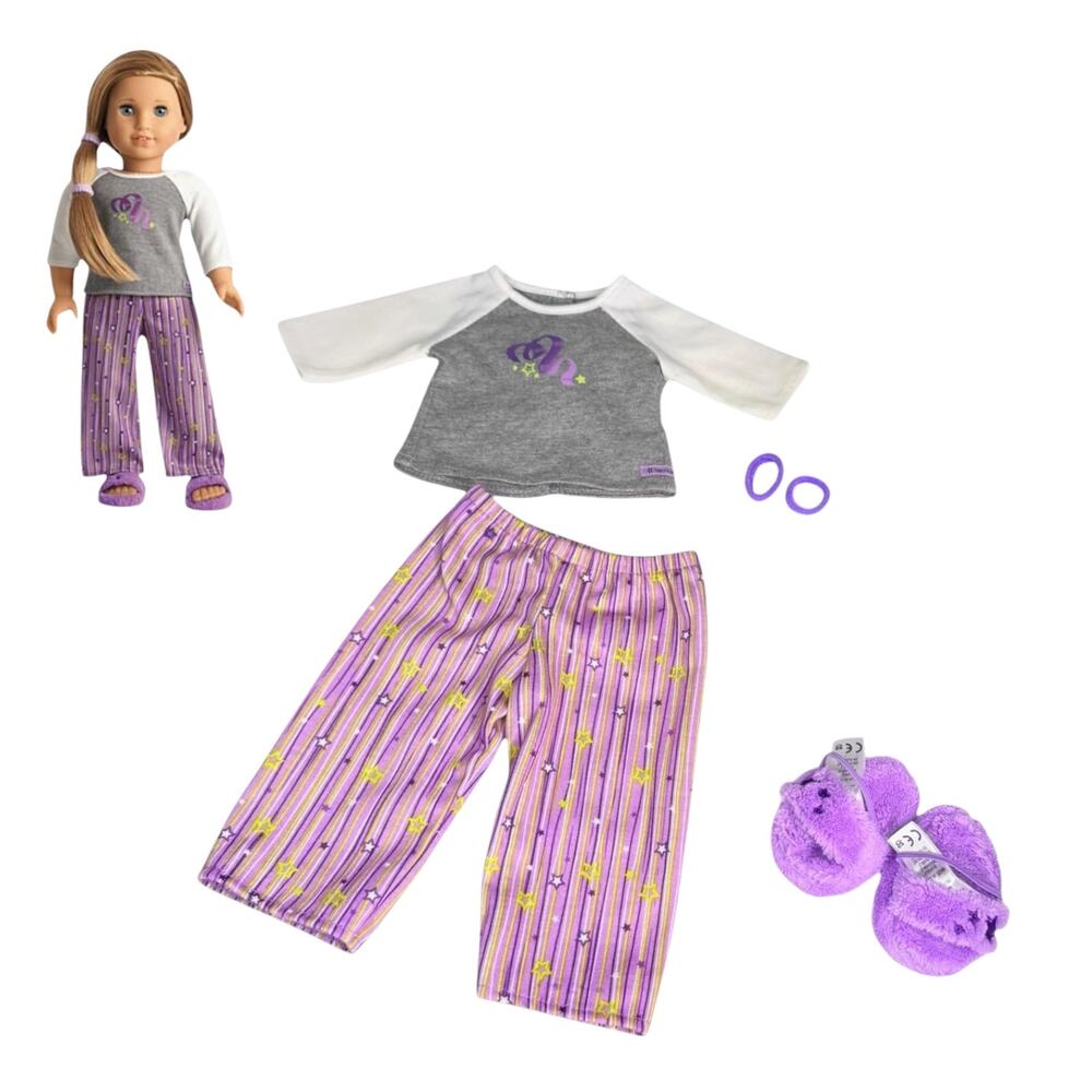 American Girl McKenna Pajamas Doll Pjs Shirt Top Pants Fuzzy Slippers Hair Ties